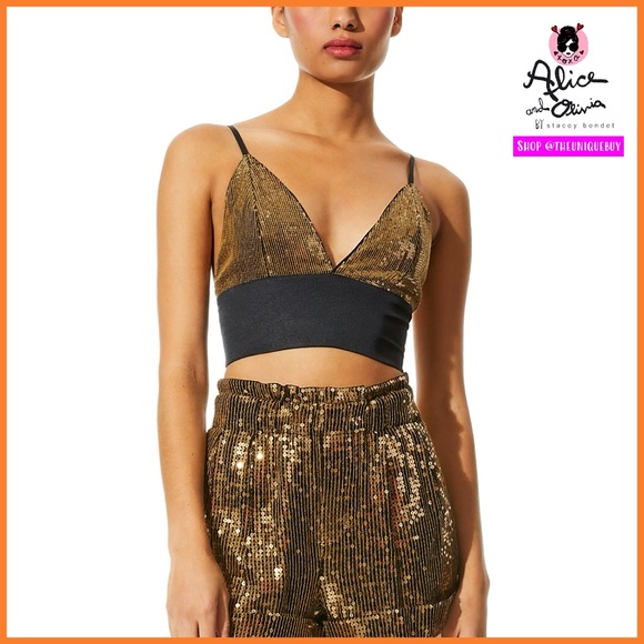 Alice + Olivia Carli Sequined Embellished Gold Bronze Black Bra Crop Top - Picture 8 of 17